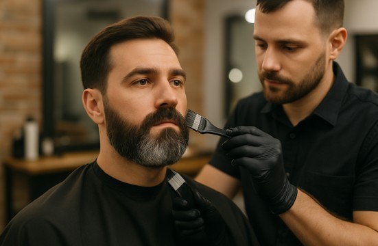 Barber applying beard dye to clean, dry facial hair for even coverage.
